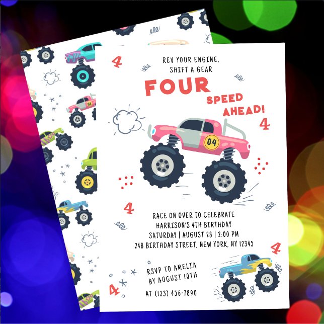 Rev Your Engine 4th Birthday Monster Car Trucks Invitation (Creator Uploaded)
