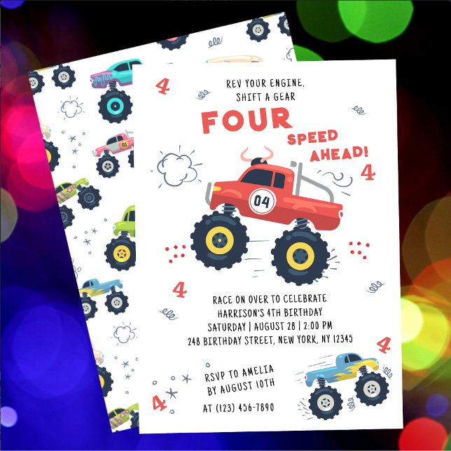 Rev Your Engine 4th Birthday Monster Trucks Invitation (Creator Uploaded)