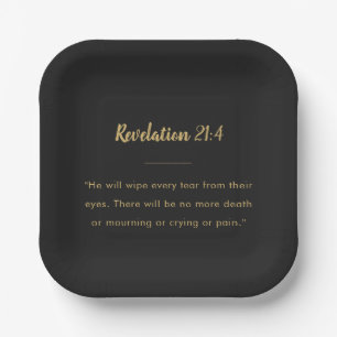 Revelation 21:4 Scripture Gold Script Black Paper Plate