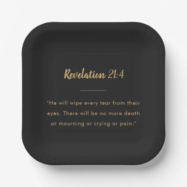 Revelation 21:4 Scripture Gold Script Black Paper  Plate (Front)