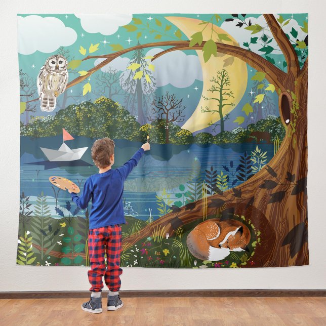 Reverse Idyllic Riverside Wildlife Illustration Tapestry (Creator Uploaded)