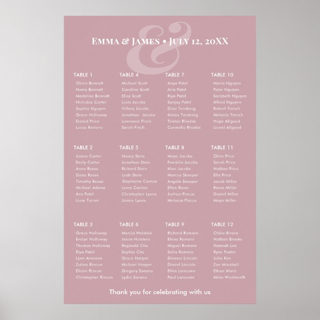 REVERSE Mauve Ampersand Wedding | 12 Seating Chart (Front)