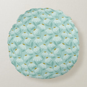 Reversible Blue & Green Daisies Floral Pattern Round Cushion