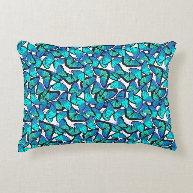 Reversible Bright Blue Butterflies Nature Pattern Decorative Cushion (Front)