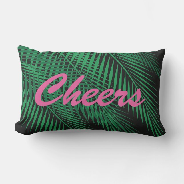 Reversible Cheers Tropical Palm Leaves on Black Outdoor Cushion (Front)