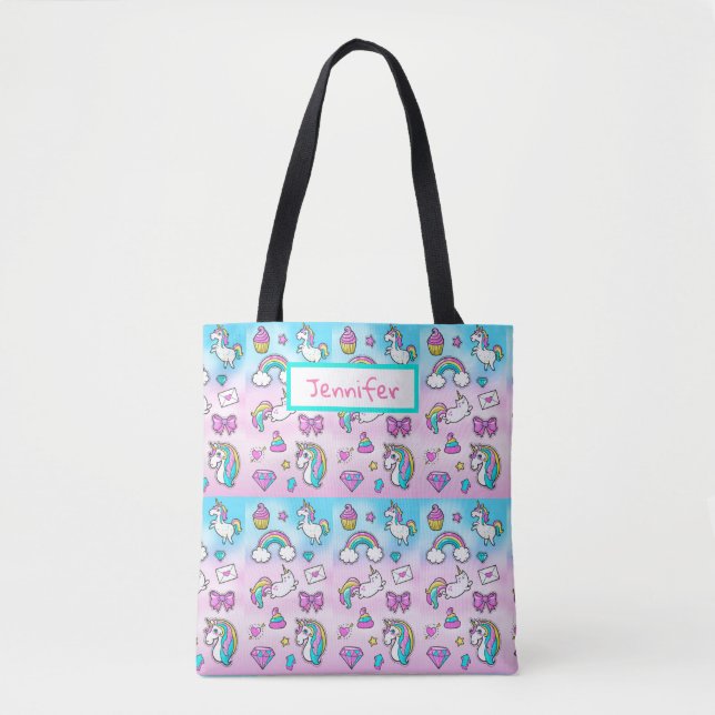 Reversible Custom Unicorn Girls Pink Blue Shoulder Tote Bag (Front)