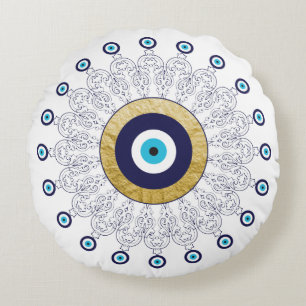 Reversible Evil Eye Mandala in Gold White and Blue Round Cushion