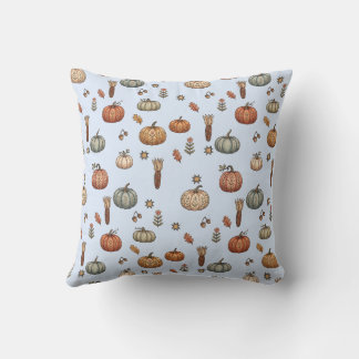 Reversible Folk Art Pumpkin Pillow: Beige & Blue Cushion