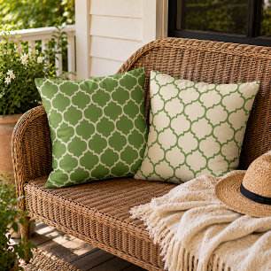 Reversible Forest Fern Green Ivory Boho Lattice Cushion