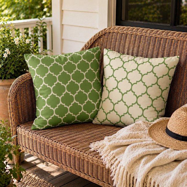 Reversible Forest Fern Green Ivory Boho Lattice Cushion (Creator Uploaded)