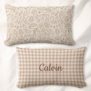 Reversible Kids Cottagecore Woodland Gingham Name Lumbar Cushion