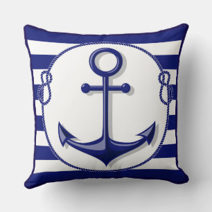 Reversible Marine Blue White Anchor and Rope Frame Cushion