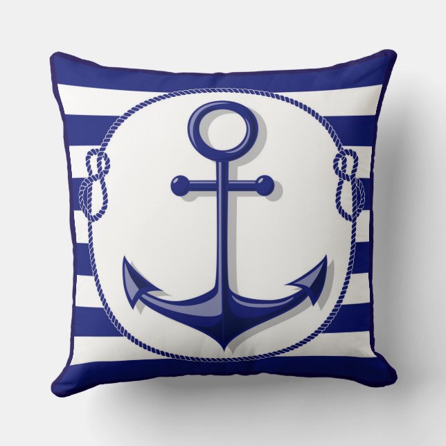 Reversible Marine Blue White Anchor and Rope Frame Cushion (Back)
