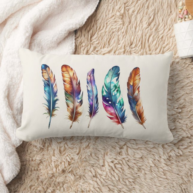 Reversible Multicolor Boho Feathers - Blue Graphic Lumbar Cushion (Blanket)