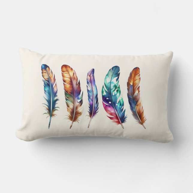 Reversible Multicolor Boho Feathers - Blue Graphic Lumbar Cushion (Front)