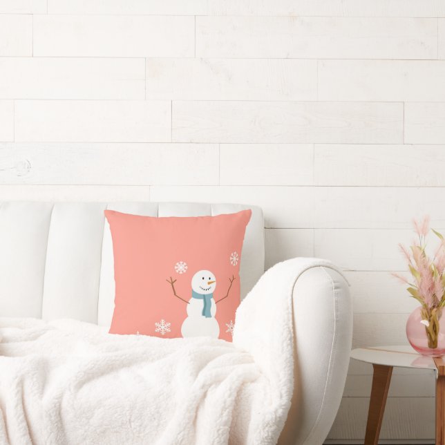 Reversible Peach Snowman Christmas Throw Pillow (Couch)
