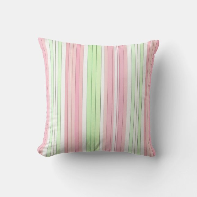 Reversible pink and green stripe and flowers  cushion (Front)