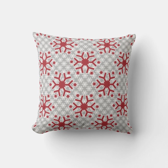 Reversible red snowflakes pattern grey winter cushion (Front)