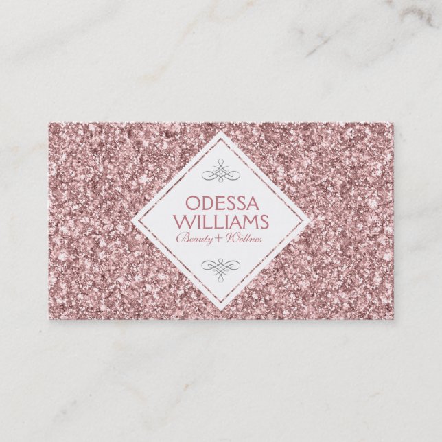 Reversible White & Modern Rose-Gold Glitter Business Card (Front)