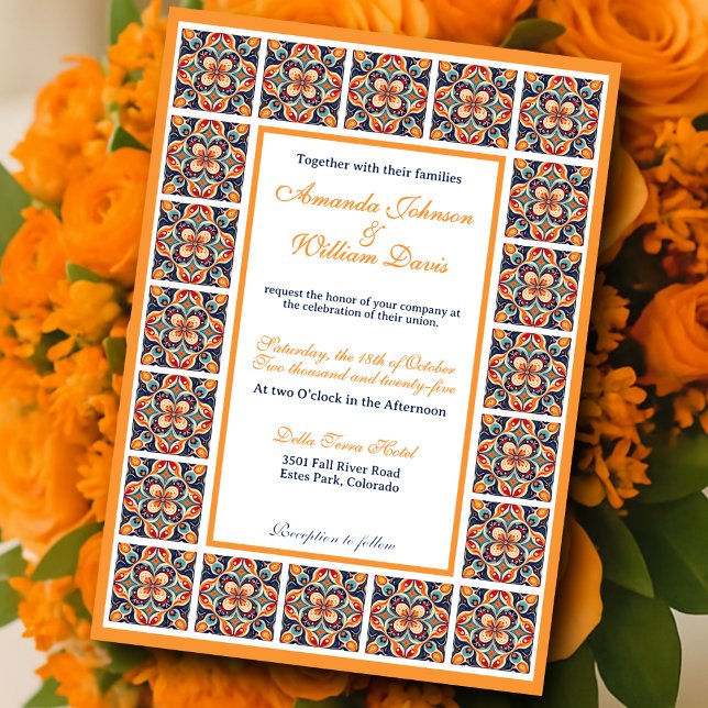 Revisited Mexican Folk Art Floral Tiles Wedding Invitation (Creator Uploaded)