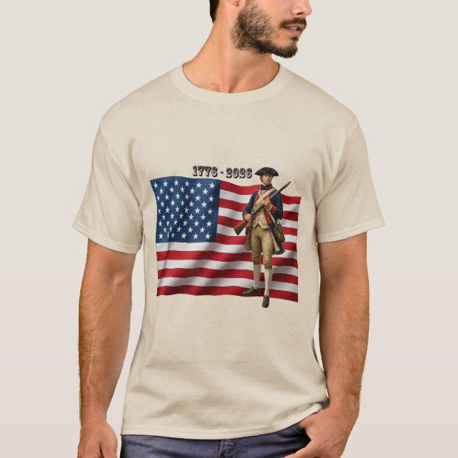 Revolutionary War Soldier & American Flag 250 URM T-Shirt (Front)