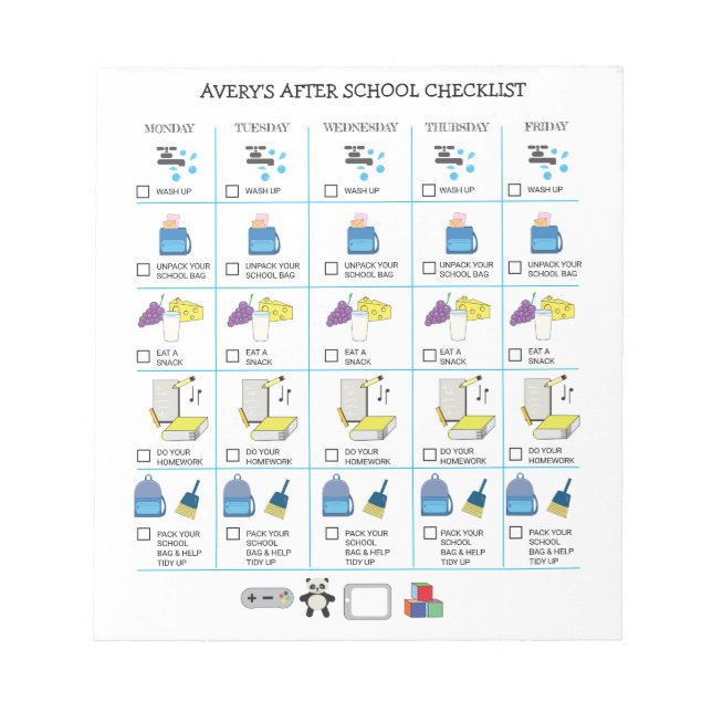 Reward Chart Chore After school Homework Custom Notepad (Front)