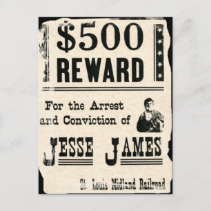 Reward for Jesse James Postcard