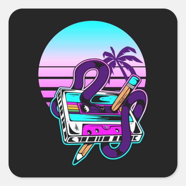 Rewind Cassette Music Pencil 80s 90s Square Sticker (Front)