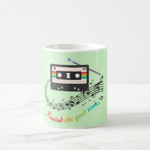 Rewinding an old cassette tape coffee mug