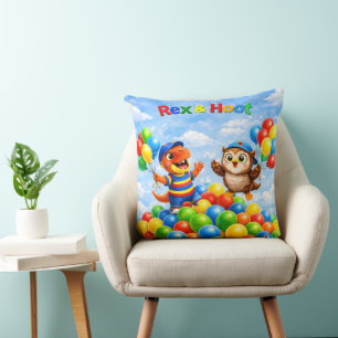 Rex and hoot ball pit adventure throw pillow