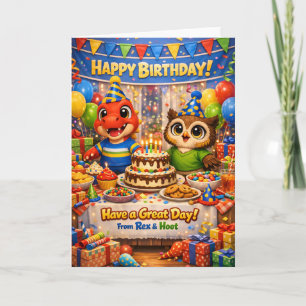 Rex and hoot birthday celebration card