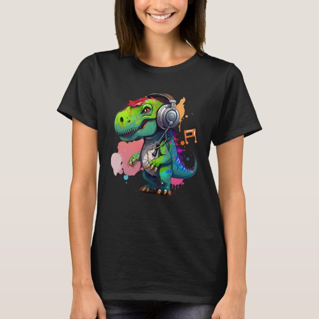 rex with headphones music cute dinosaur for kids T-Shirt (Front)