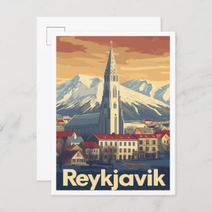 Reykjavik Iceland Art Vintage Travel Illustration Postcard