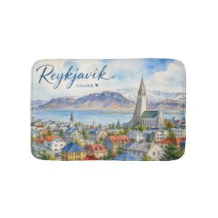 Reykjavik Iceland souvenir watercolor Bath Mat