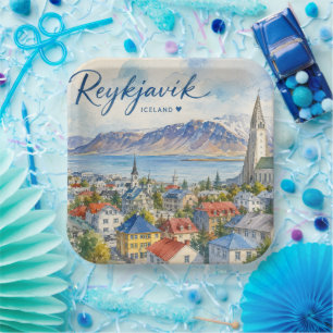 Reykjavik Iceland souvenir watercolor Paper Plate