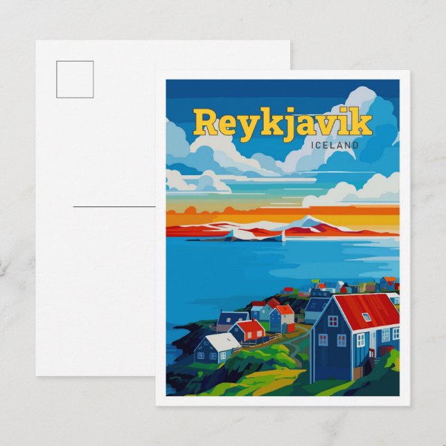 Reykjavik Iceland Travel Art Vintage Illustration Postcard (Front/Back)