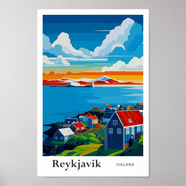 Reykjavik Iceland Travel Art Vintage Illustration Poster (Front)