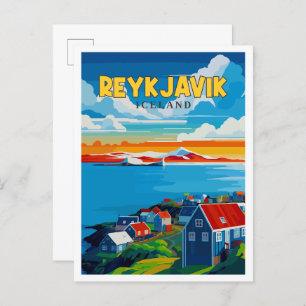Reykjavik Iceland vintage travel illustration Postcard