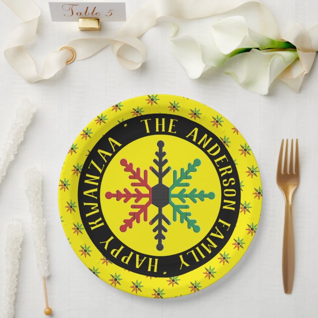 RGB Snowflakes Pattern Add Name Happy Kwanzaa Paper Plate (Wedding)