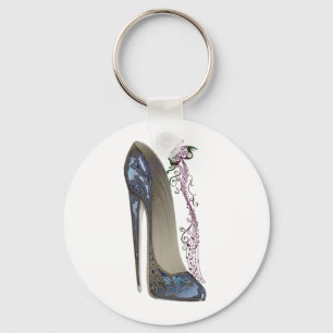 Rhapsody in Blue Stiletto and Butterfly Music Art Key Ring