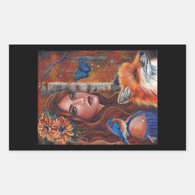 "Rhiannon" goddess with Bird by Renee Lavoie Rectangular Sticker (Front)