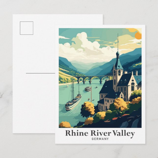 Rhine River Valley Art Vintage Travel Illustration Postcard (Front/Back)