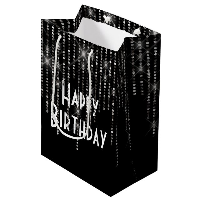 Rhinestone Bling Birthday Black Medium Gift Bag (Front Angled)