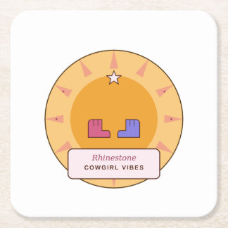Rhinestone Cowgirl Vibes | Retro Western Sunburst Square Paper Coaster