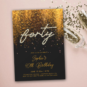Rhinestones Calligraphy Glam Black 40th Birthday Invitation