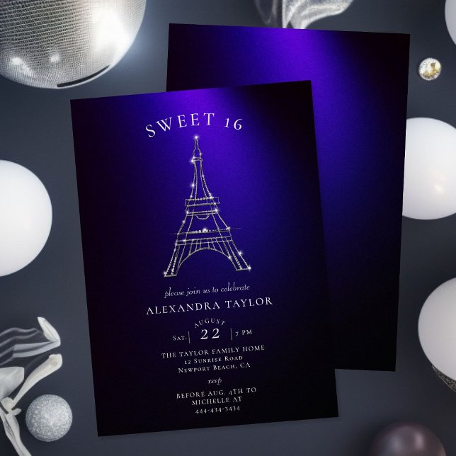 Rhinestones Eiffel Paris Purple Minimal Sweet 16 Invitation (Creator Uploaded)