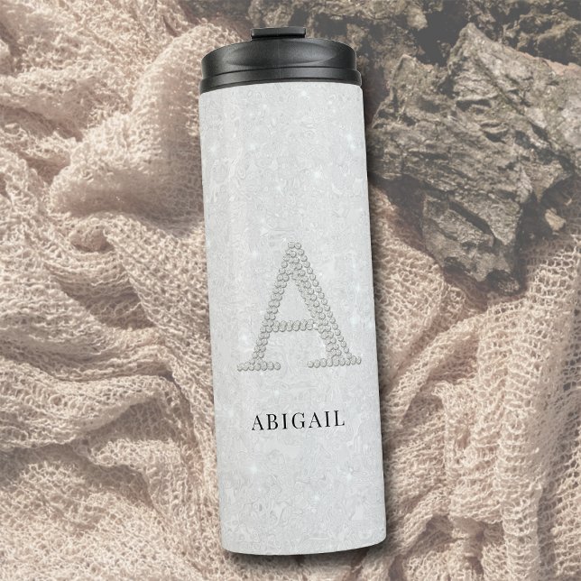 Rhinestones Monogram A Glitter Sparkle White Chic Thermal Tumbler (personalized tumbler monogram a rhinestone glitter sparkle white bridesmaid mom sister bestie gift)