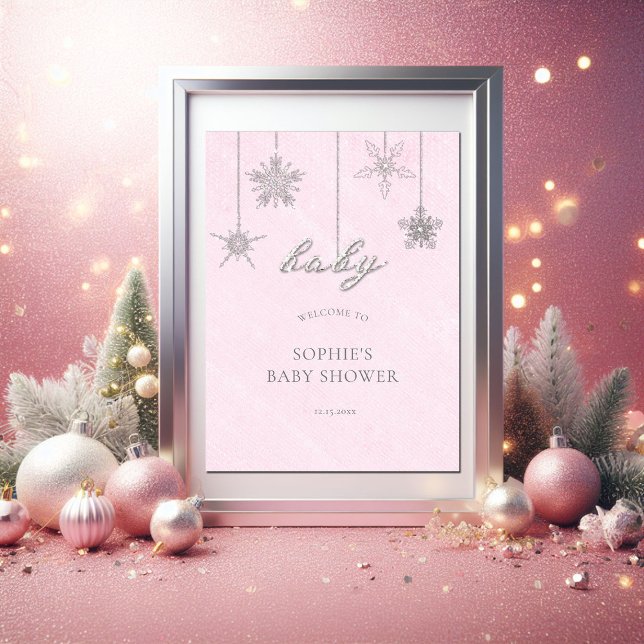 Rhinestones Snowflakes Pink Baby Shower Welcome Poster (baby cold outside pink christmas girl baby shower welcome poster sign snowflakes rhinestones glitter)