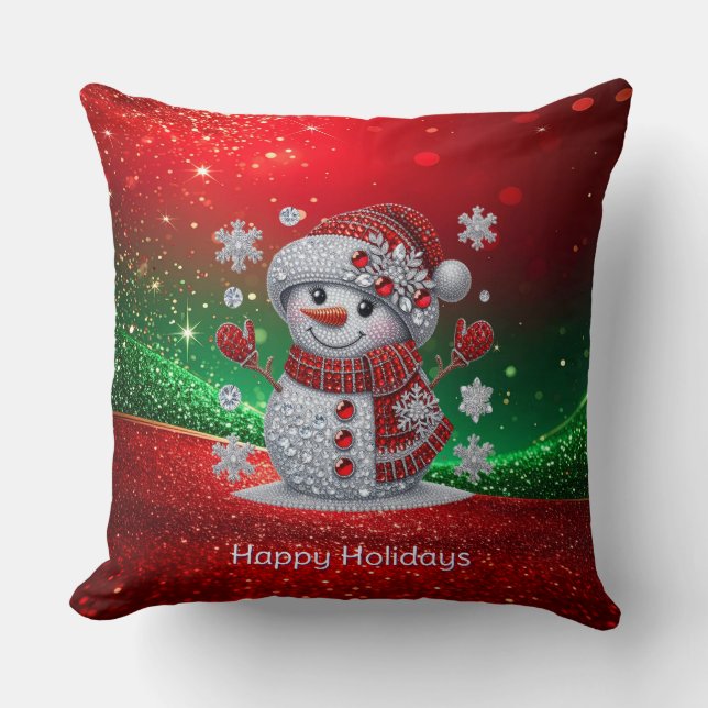 Rhinestones Snowman Holiday Throw Pillow (Front)