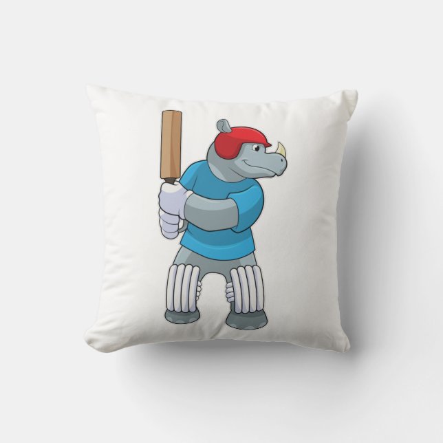 Rhino at Cricket with Cricket bat Cushion (Front)